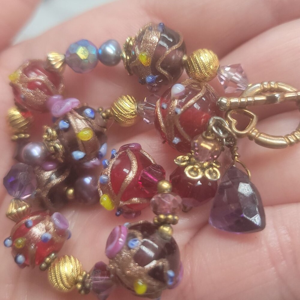 Artisan Wedding Cake Glass Bead Bracelet 22k Gold Filled Hand Blown Toggle Clasp - Picture 1 of 16
